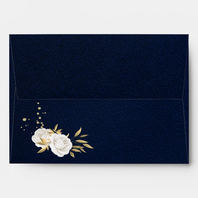 white gold floral navy blue wedding envelope (Back (Top Flap))