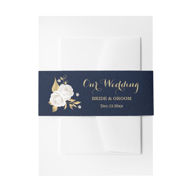 white gold floral navy blue wedding invitation belly band (Front Example)