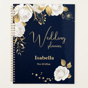 white gold floral navy blue wedding planner