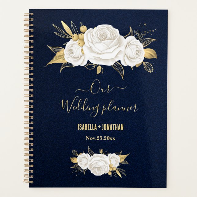white gold floral navy blue wedding planner (Front)