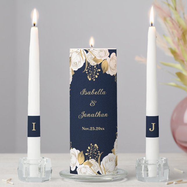 white gold floral navy blue wedding unity candle set (In Situ)