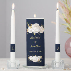 white gold floral navy blue wedding unity candle set