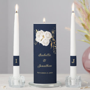 white gold floral navy blue wedding unity candle set