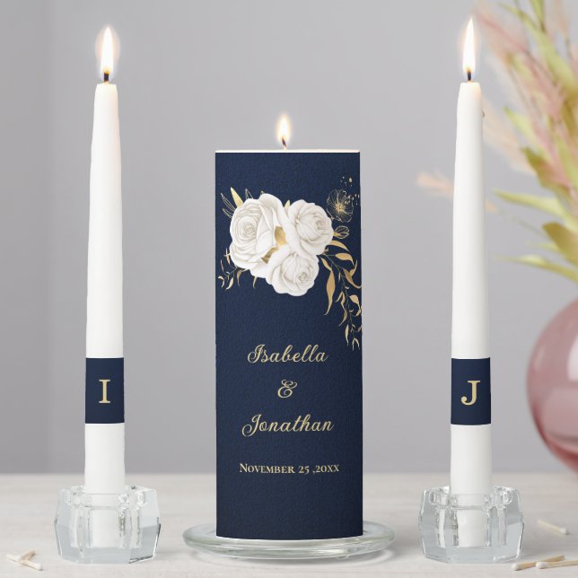white gold floral navy blue wedding unity candle set (In Situ)