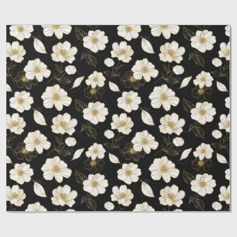 White Gold Floral on Black Wrapping Paper | Zazzle