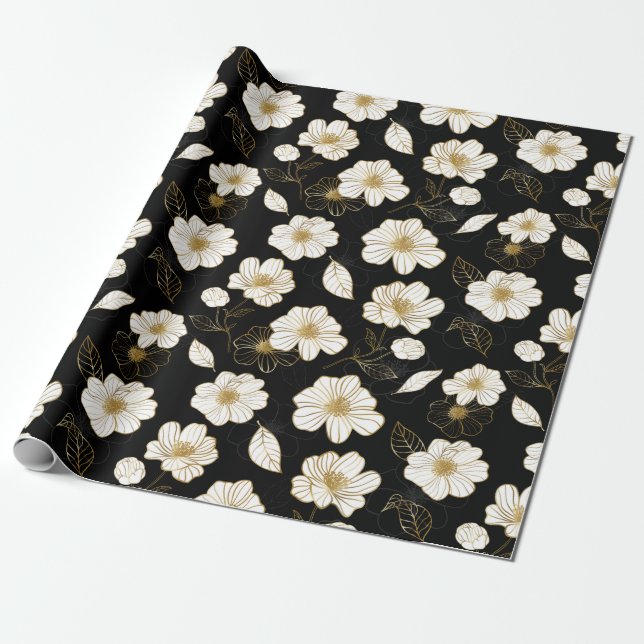 White Gold Floral on Black Wrapping Paper (Unrolled)
