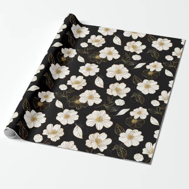 White Gold Floral on Black Wrapping Paper | Zazzle