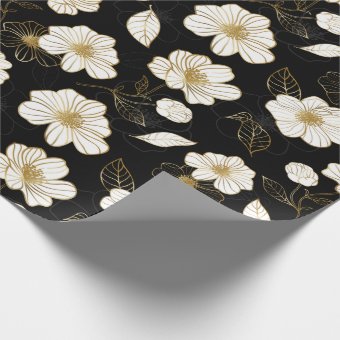 White Gold Floral on Black Wrapping Paper | Zazzle