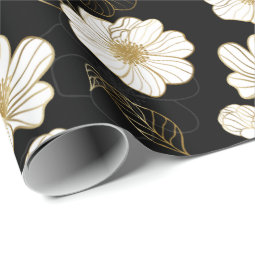 White Gold Floral on Black Wrapping Paper | Zazzle