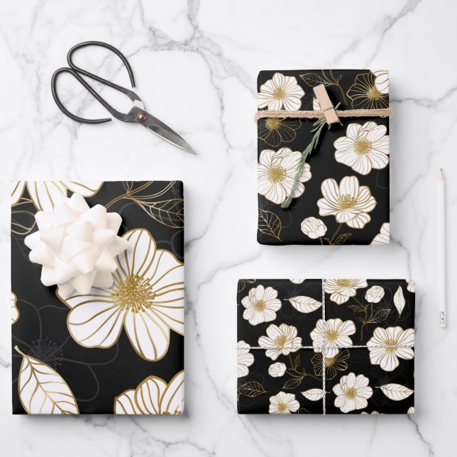 White Gold Floral on Black Wrapping Paper Sheets (Front)