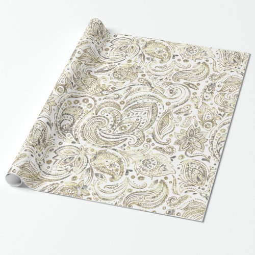 White  Gold Floral Paisley Wrapping Paper