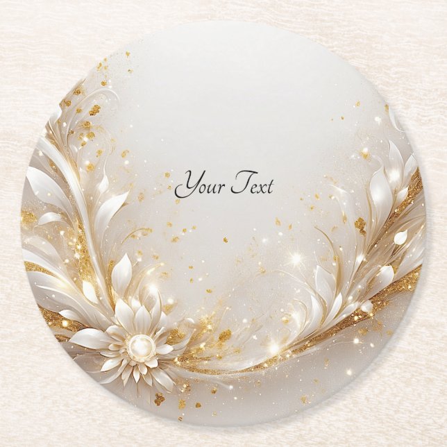 White Gold Floral Paper Coaster (Front)