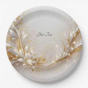 White Gold Floral Paper Plate