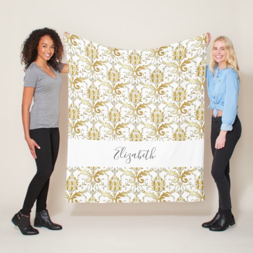 White gold floral pattern vintage name script fleece blanket