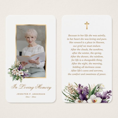 White Gold Floral Photo Funeral Prayer Cards