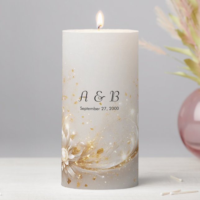 White Gold Floral Pillar Candle (In Situ)