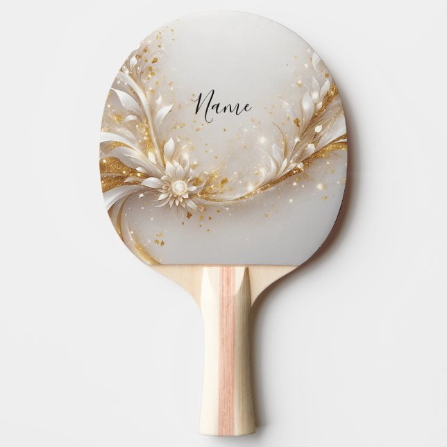 White Gold Floral Ping Pong Paddle (Front)