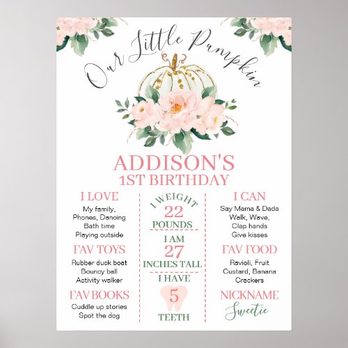 White Gold Floral Pumpkin 1st Birthday Milestone Poster