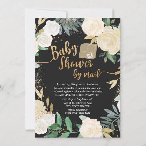 White Gold Floral Roses Baby Shower by mail Invitation