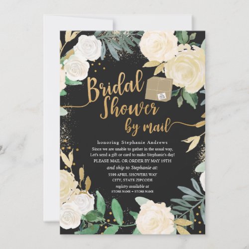 White Gold Floral Roses Bridal Shower by mail Invitation