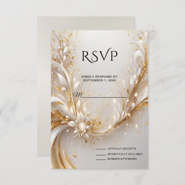 White Gold Floral RSVP Card (Front/Back)