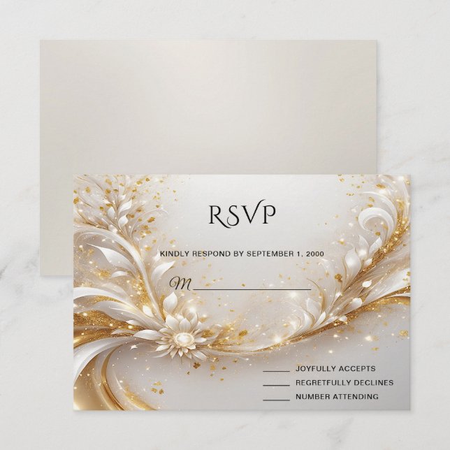 White Gold Floral RSVP Card (Front/Back)