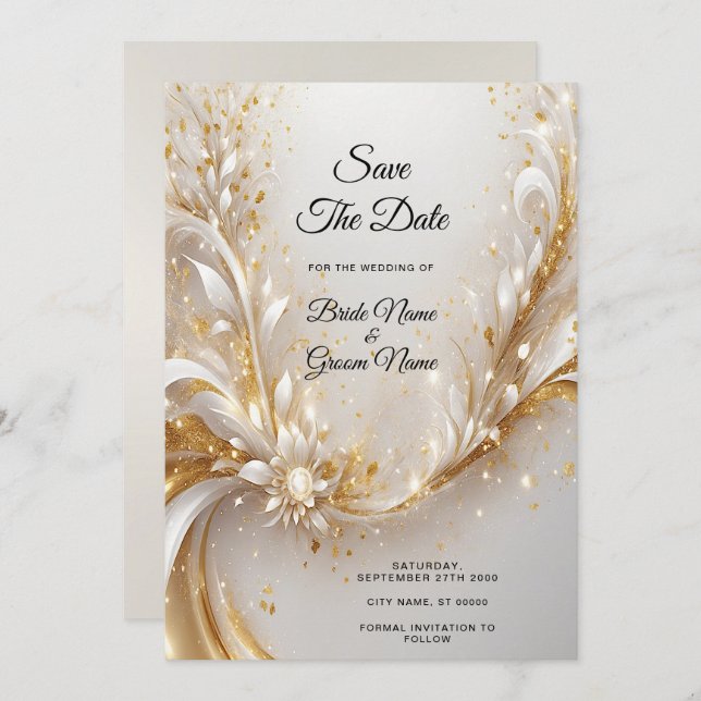 White Gold Floral Save The Date (Front/Back)