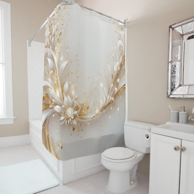 White Gold Floral Shower Curtain (In Situ)