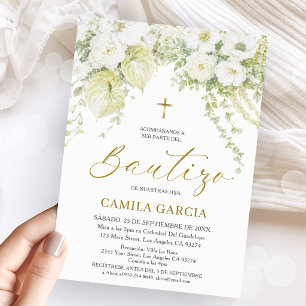 White & Gold Floral Spanish Baptism Bautizo Invitation
