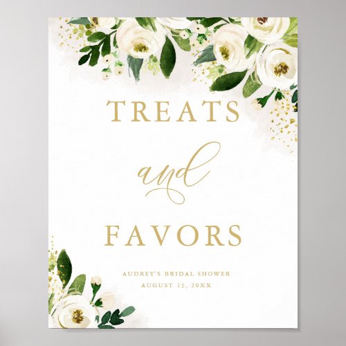 White Gold Floral Treats and Favors Shower Poster