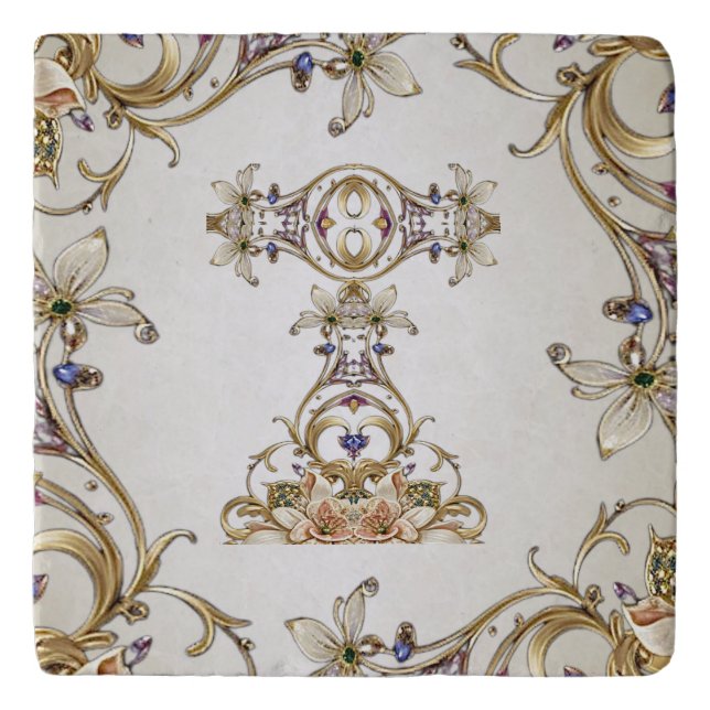 White Gold Floral Trivet (Front)