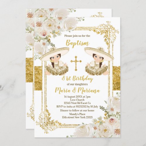 White  Gold Floral Twin Girl Baptism and Birthday Invitation