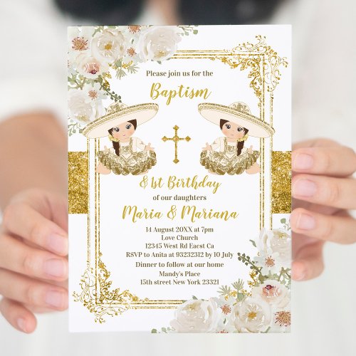 White  Gold Floral Twin Girl Baptism and Birthday Invitation