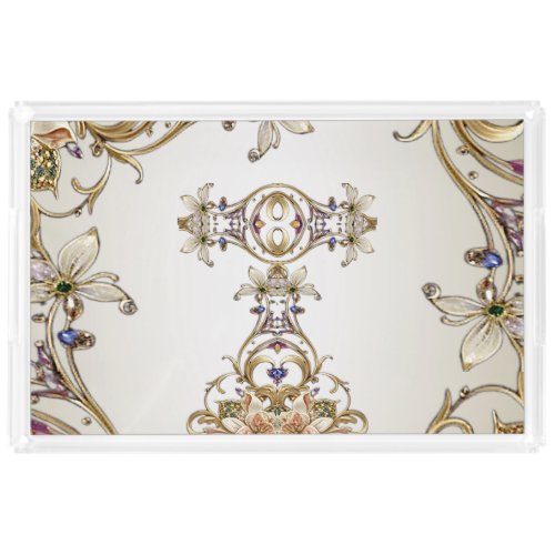 White Gold Floral Vanity Tray