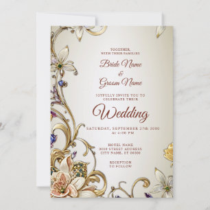 White Gold Floral Wedding Invitation