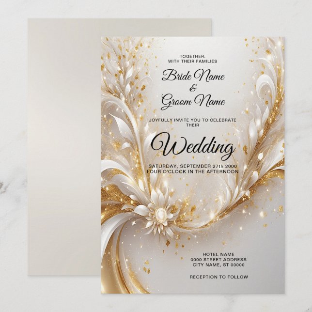 White Gold Floral Wedding Invitation (Front/Back)