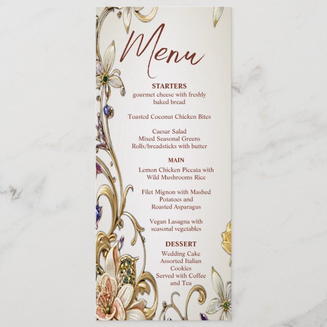 White Gold Floral Wedding Menu (Front)