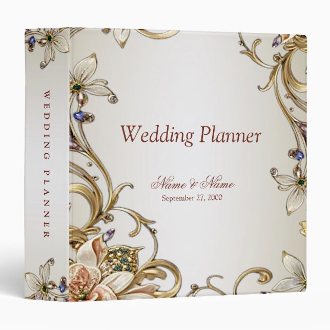White Gold Floral Wedding Planner 3 Ring Binder (Front/Spine)