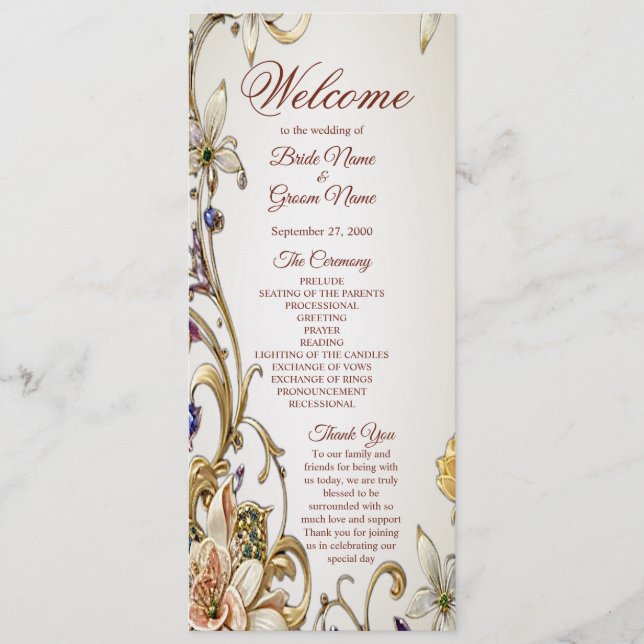White Gold Floral Wedding Program (Front)