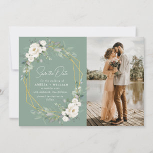 White & gold floral wedding Save the Date