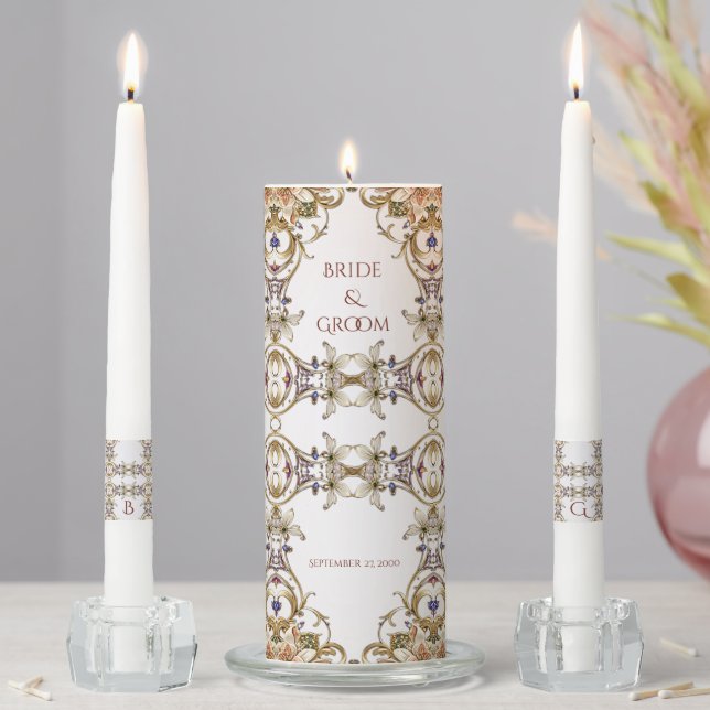 White Gold Floral Wedding Unity Candle Set (In Situ)