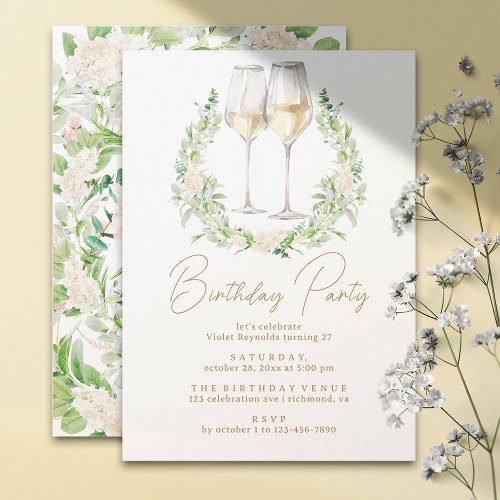 White  Gold  Floral Wine Any Age Adult Birthday Invitation