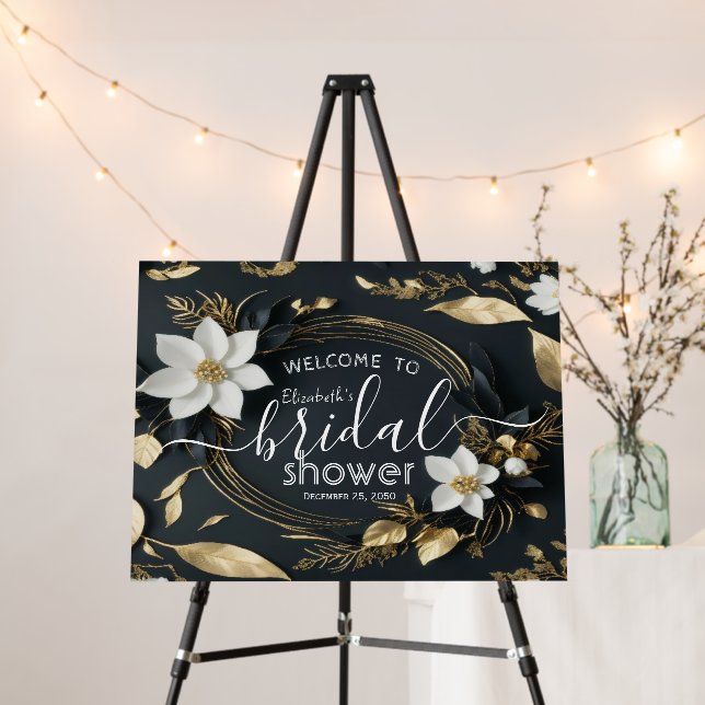 White Gold Floral Wreath Bridal Shower Welcome Foam Board (In Situ (Stand))