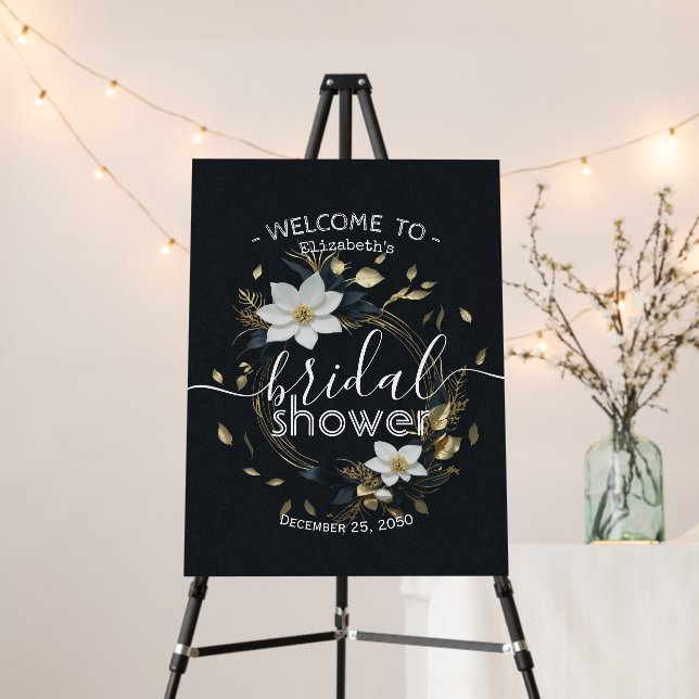 White Gold Floral Wreath Bridal Shower Welcome Foam Board (In Situ (Stand))