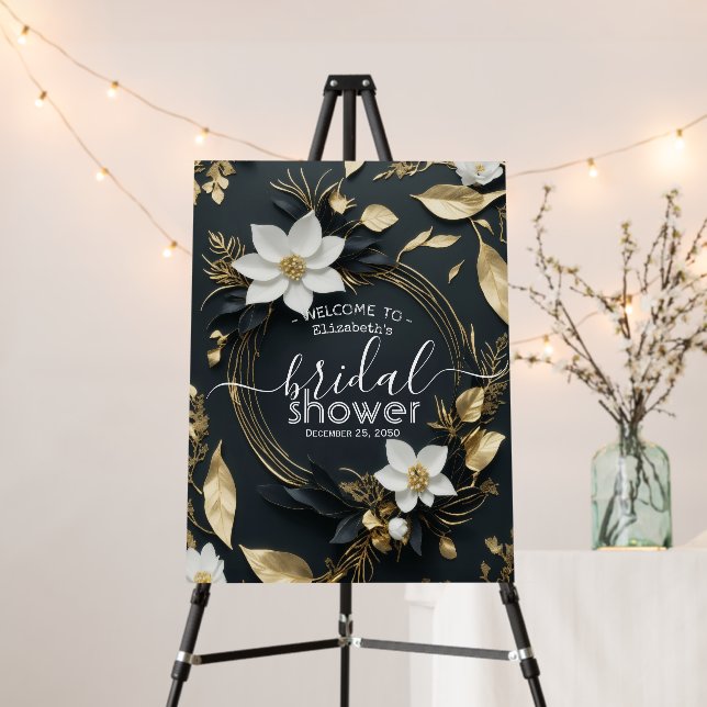 White Gold Floral Wreath Bridal Shower Welcome Foam Board (In Situ (Stand))