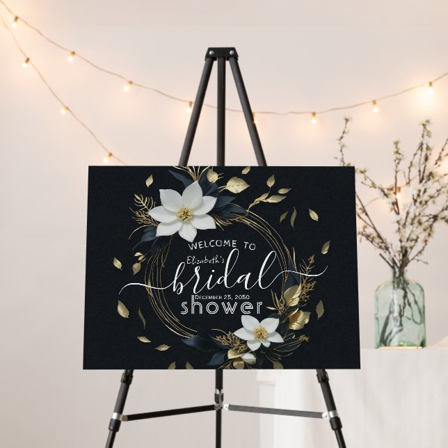 White Gold Floral Wreath Bridal Shower Welcome Foam Board (In Situ (Stand))