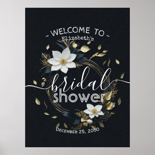 White Gold Floral Wreath Bridal Shower Welcome Poster