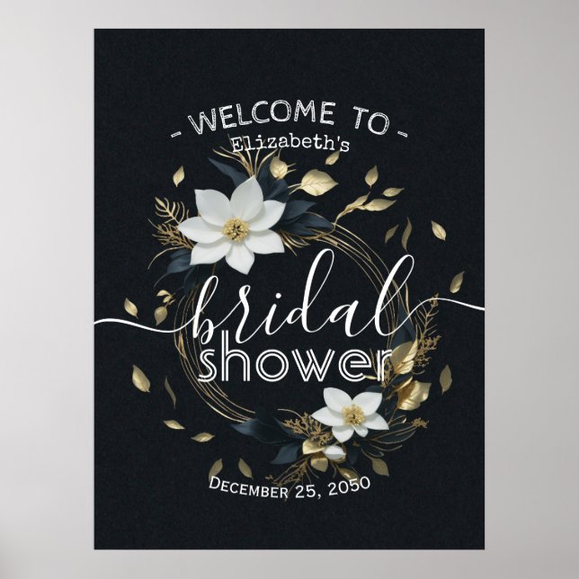 White Gold Floral Wreath Bridal Shower Welcome Poster (Front)