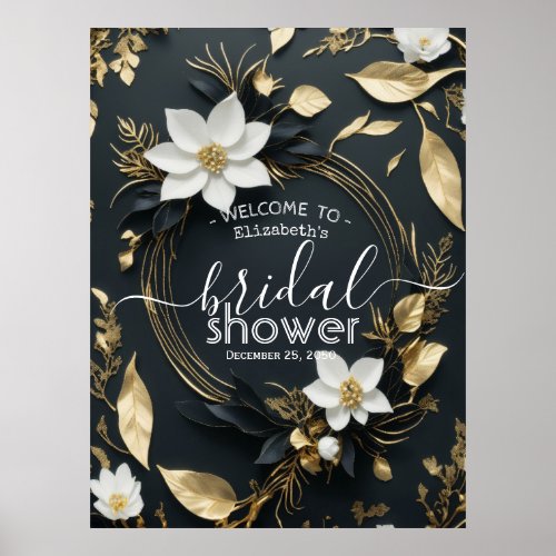 White Gold Floral Wreath Bridal Shower Welcome Poster