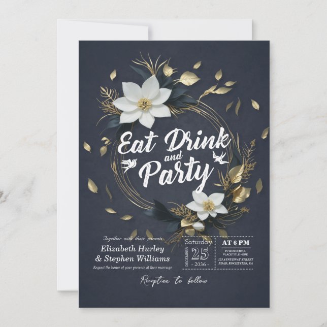 White Gold Floral Wreath EAT Drink & Party Wedding Invitation (Front)